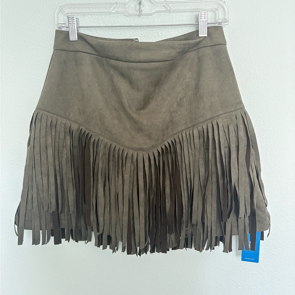Fringed Suede Skirt - army green